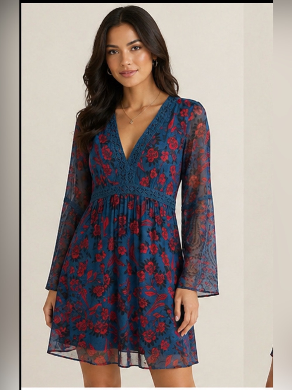 Teal Floral Boho Dress – Lace Trim, Bell Sleeves (Abercrombie & Fitch, Size M)